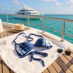 Victorias Secret Swim Crushed Velvet Shibori Strappy Bikini Top Blue Women Large
